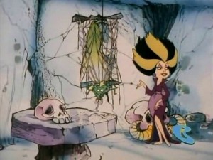 She's using spiders to make curtains, which is in some way different to the other ways in which Flintstone chores are all done by animals.