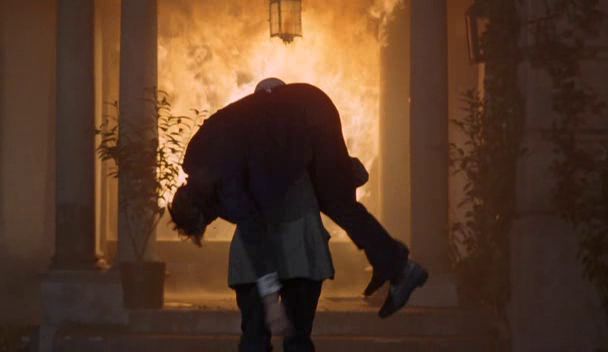 Peter Cushing and Freddie Jones going into a burning house in Frankenstein Must Be Destroyed
