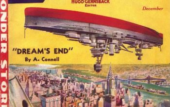 Upside down battleship over Manhattan, from Wonder Stories