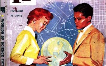 Cover of If Magazine, showing a normal sized man and woman holding a basketball sized Earth. The man and woman bear a superficial resemblence to Lucielle Ball and Desi Arnaz.