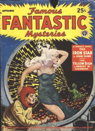 A man in a spacesuit, standing next to a woman in a ball gown, who appears to be being pelted with electric rays by a space alien.