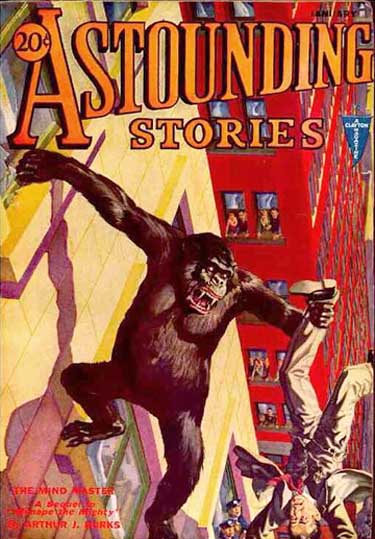A pulp magazine cover, featuring a ferocious ape, located halfway up a skyscraper, dangles a man by his ankles. Two policeman watch from a lower window.